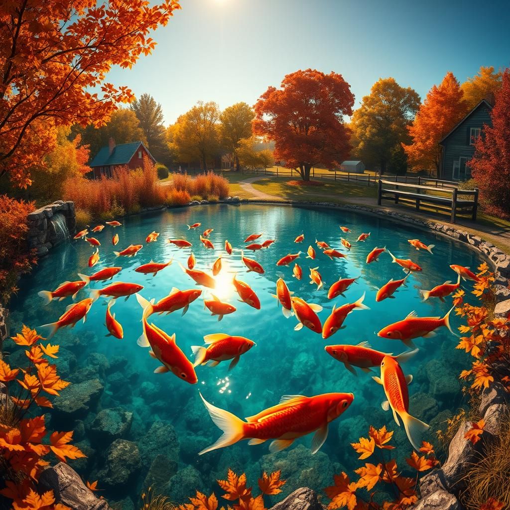 Autumn Pond Panorama with Fish in Stylized Realism