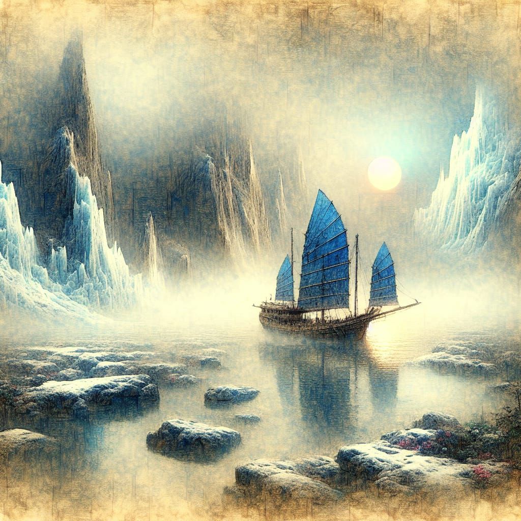 Eerie Glacier Scene with Japanese Junk Boat