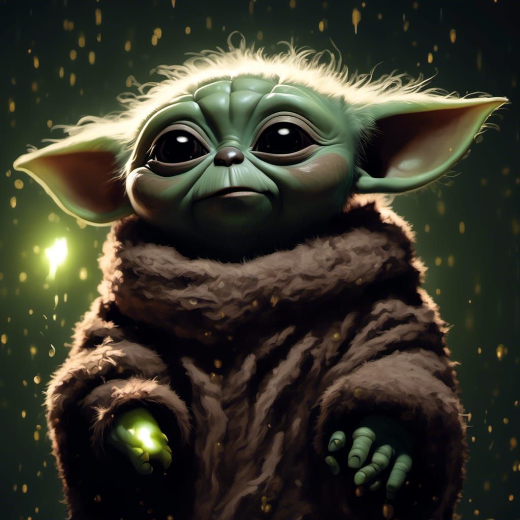 Grizzly Bear Cub as Baby Yoda in the Dark