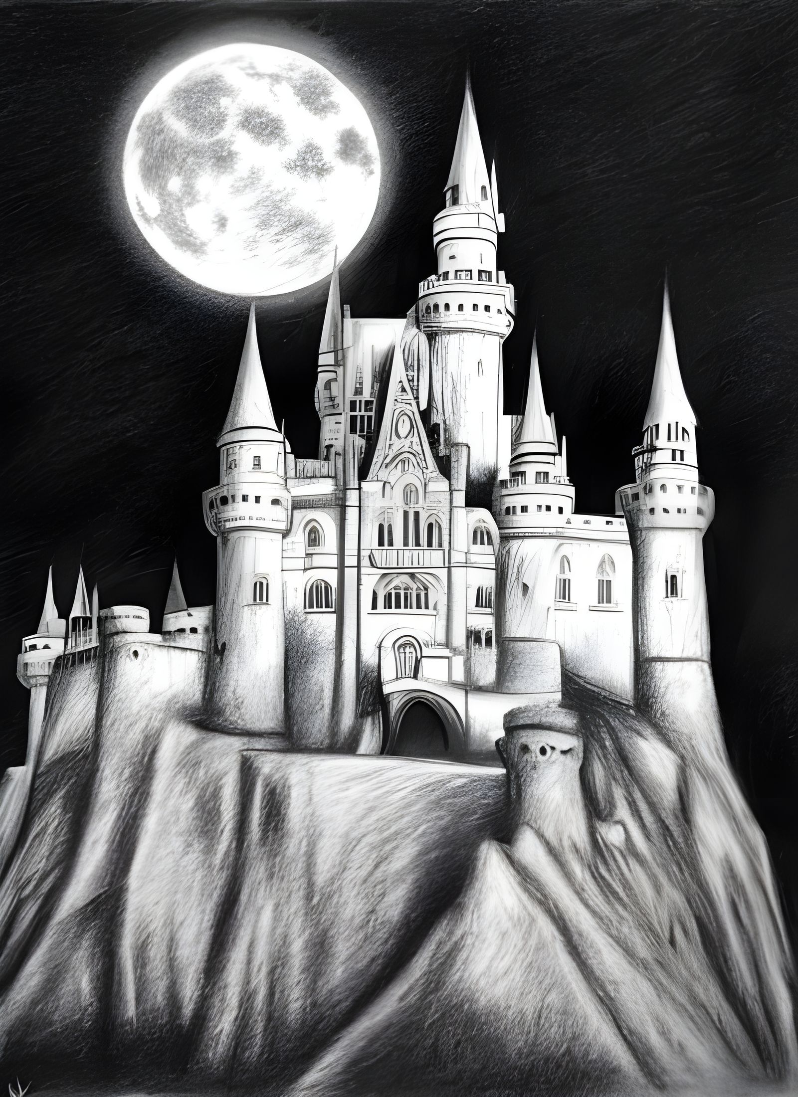 Moonlit Castle in Detailed Pencil Sketch