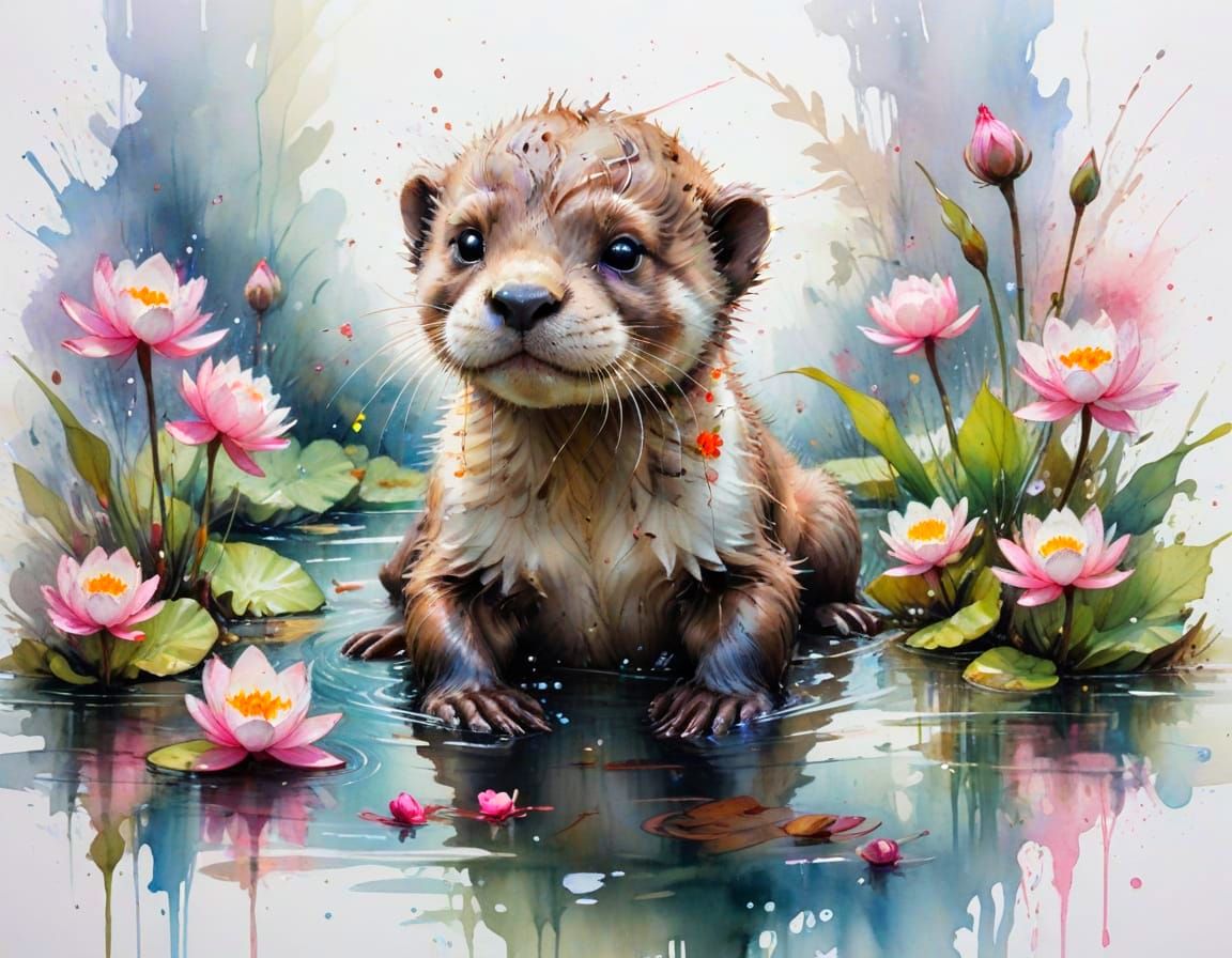 Baby Otter in Water Lilies: Watercolour Art