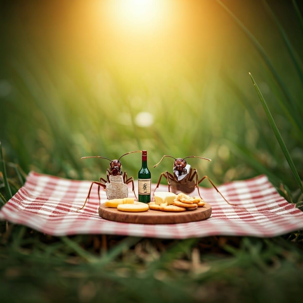 Two Elegant Ants Enjoy a Picnic in a Vibrant Meadow
