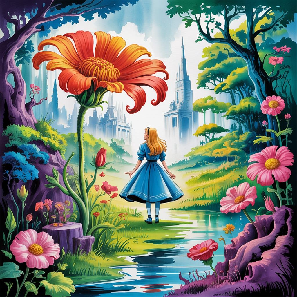 Alice and Flower: Vivid Acrylic Watercolor Concept Art