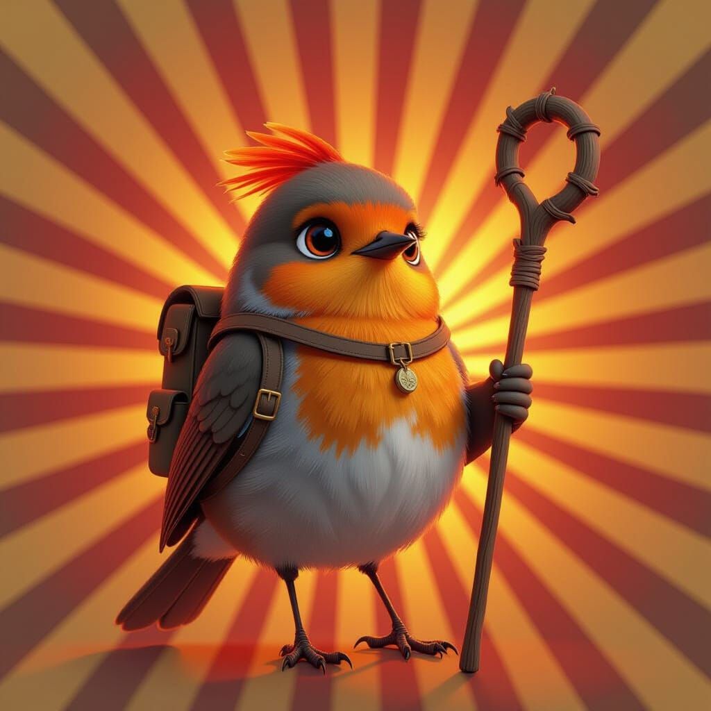 Robin with Backpack in Art Deco Folk Style