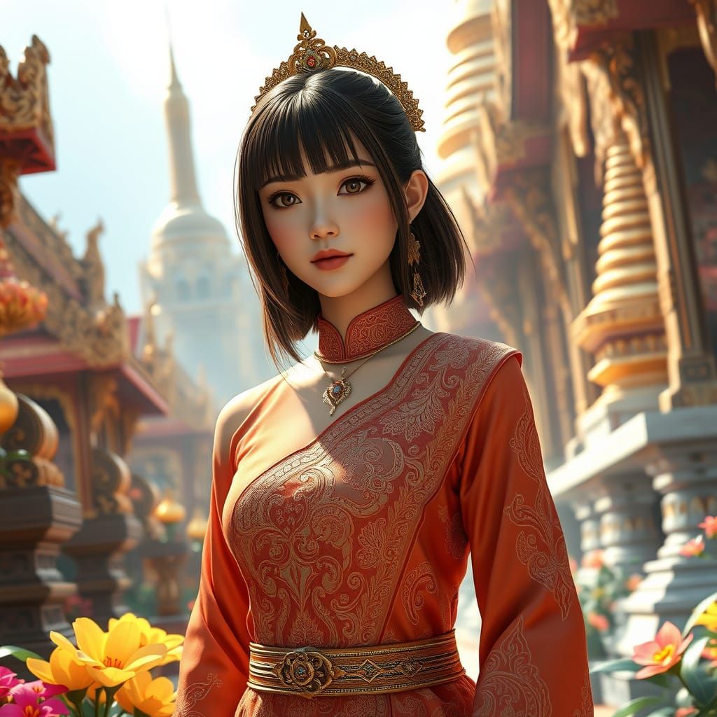 Thai Temple Maiden in Traditional Attire