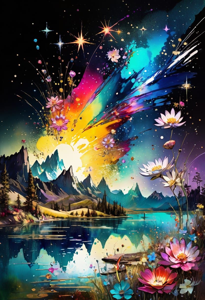 Vibrant Cosmos: Shimmering Lake and Celestial Bloom