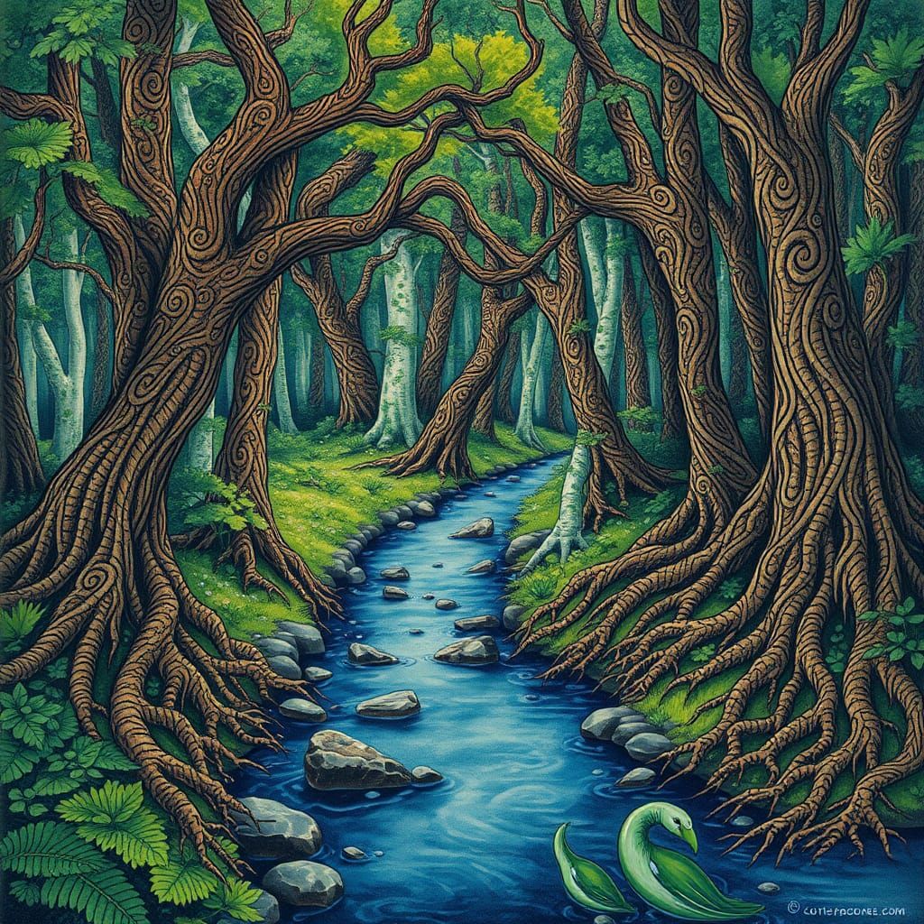 Fantastical Brook Through Ornate Emerald Woods