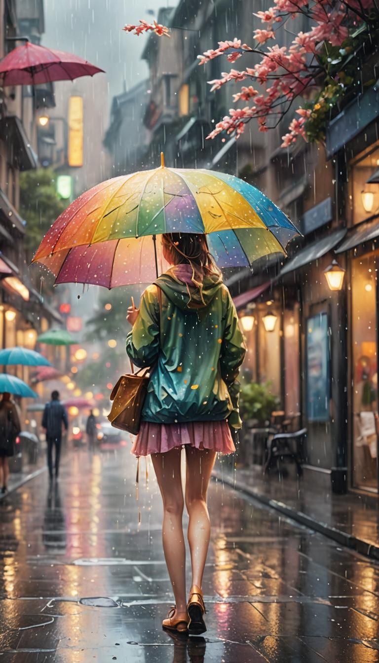 Fairy with Floral Umbrella in Rainy City, Watercolor