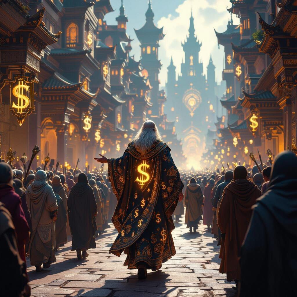 Elderly Sage Leads Crowd in Ancient City