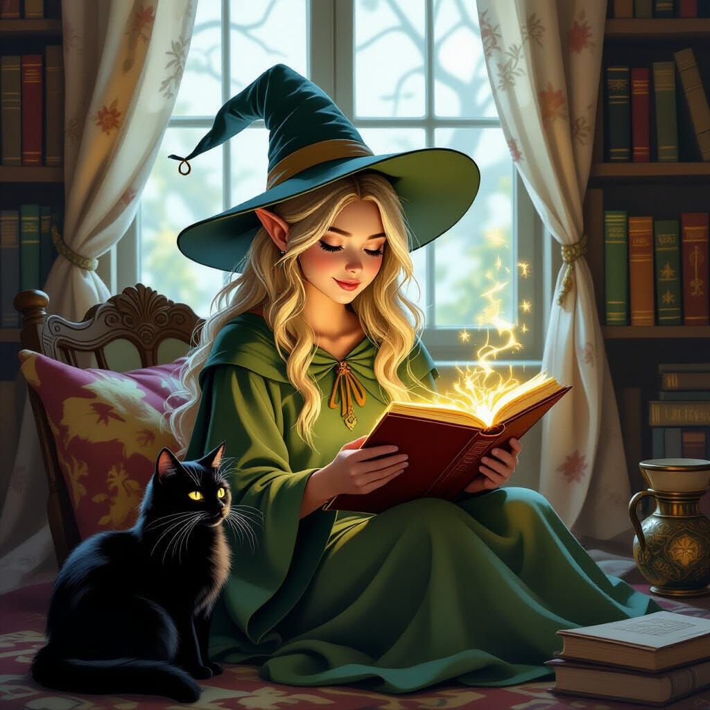 Reading a spellbook with her cat