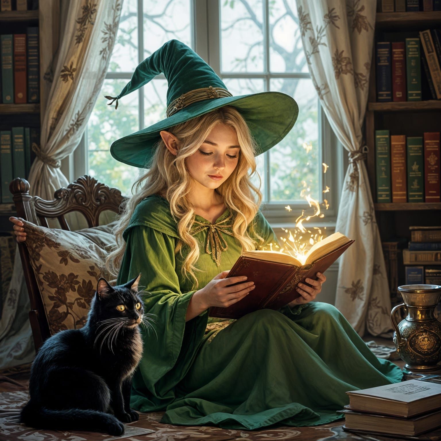 Witch reading a spellbook with her cat