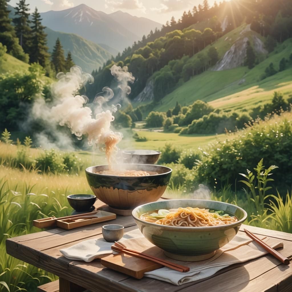 Ramen in Mountain Meadow: Ethereal Watercolor Art