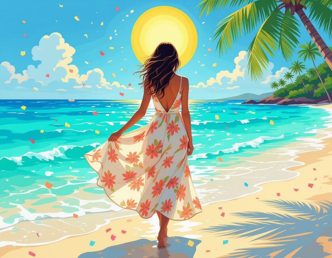 Woman on Mosaic Beach in Whimsical Style