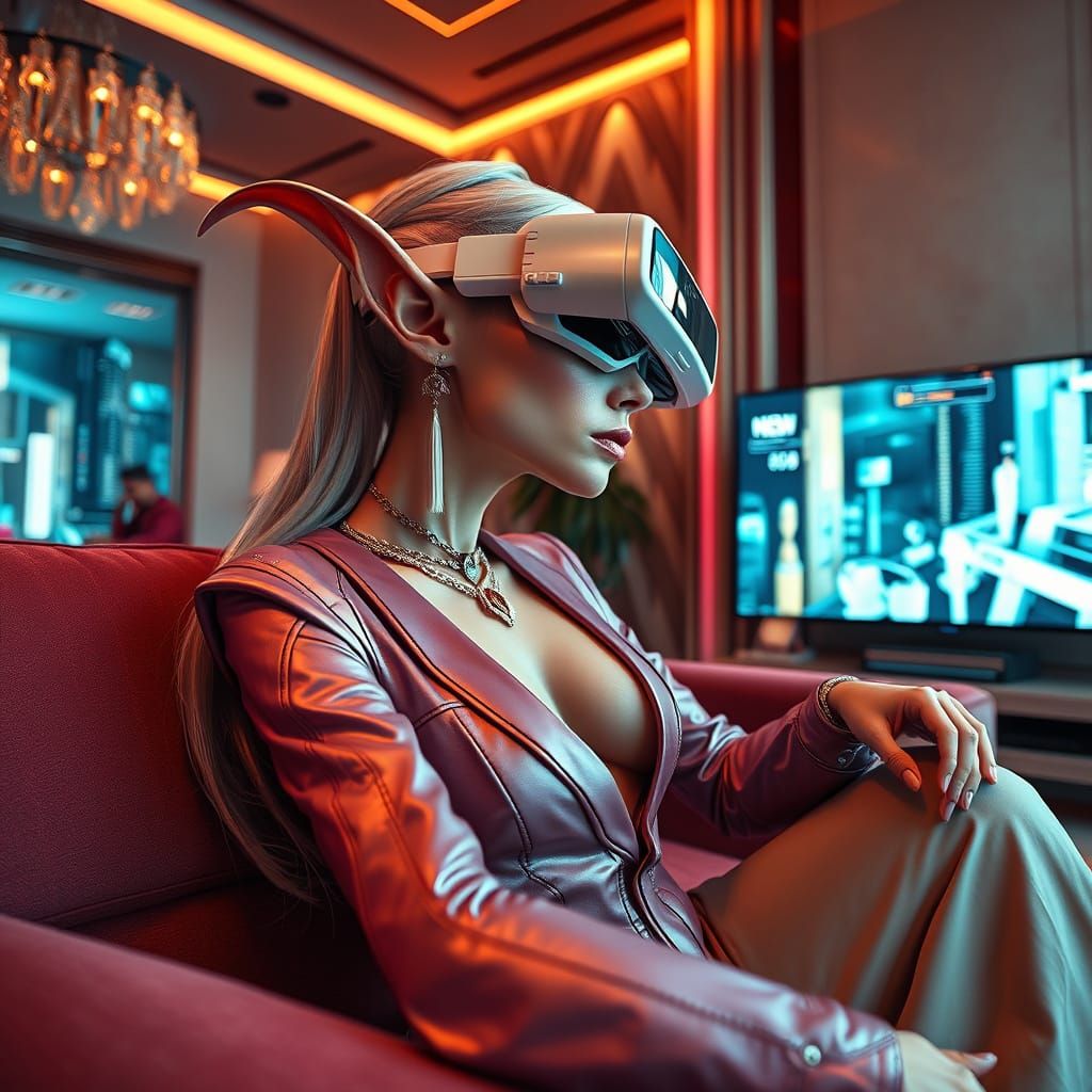Cyberpunk Elf in Luxurious Futuristic Apartment