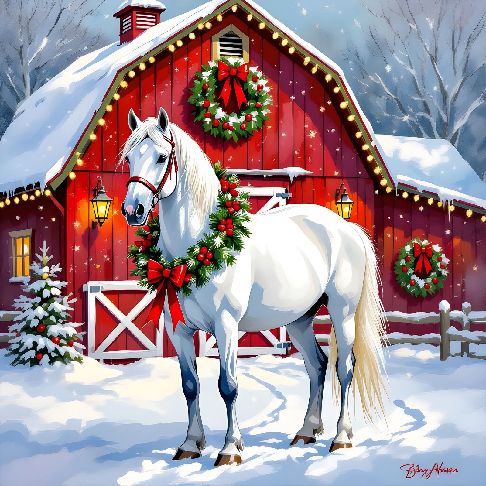 White Horse in Christmas Barn: Watercolor Impasto