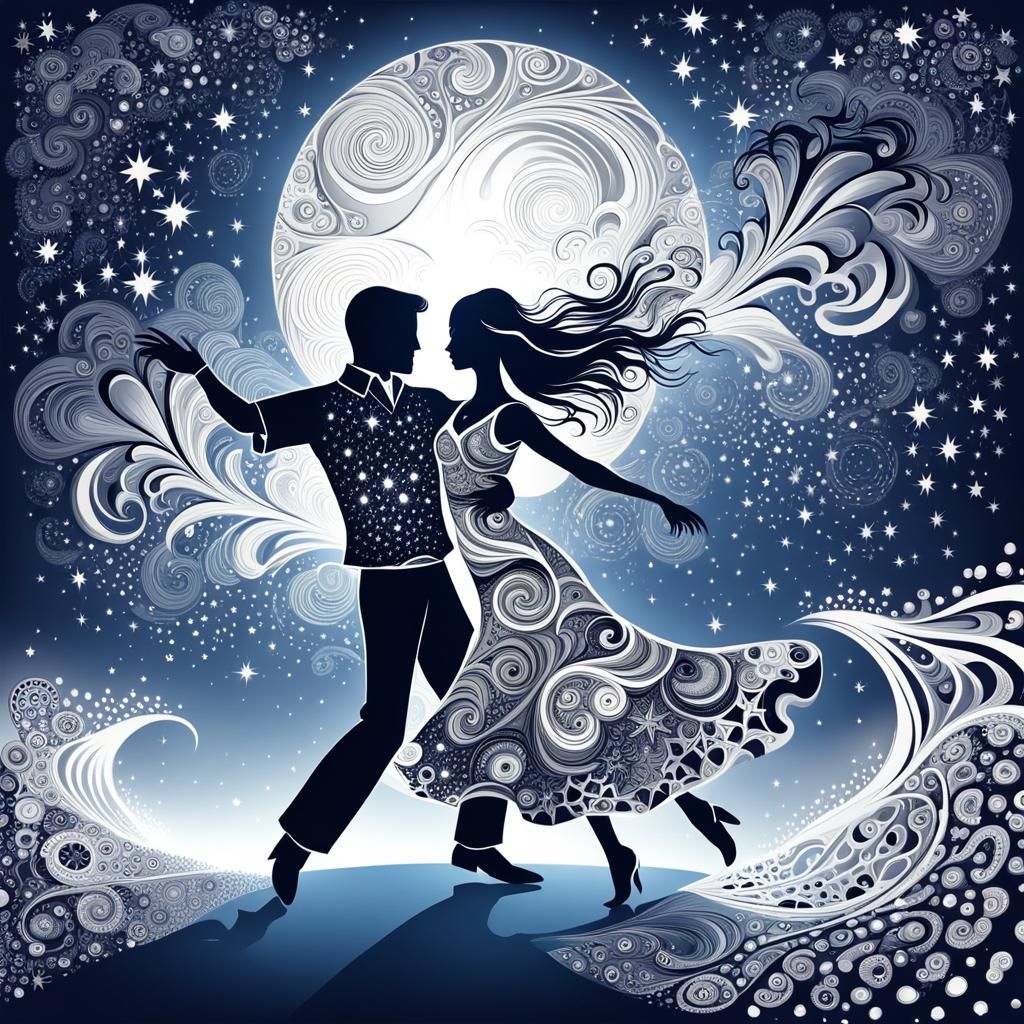 Couple's Dance Under Moonlight: Abstract Vector Art