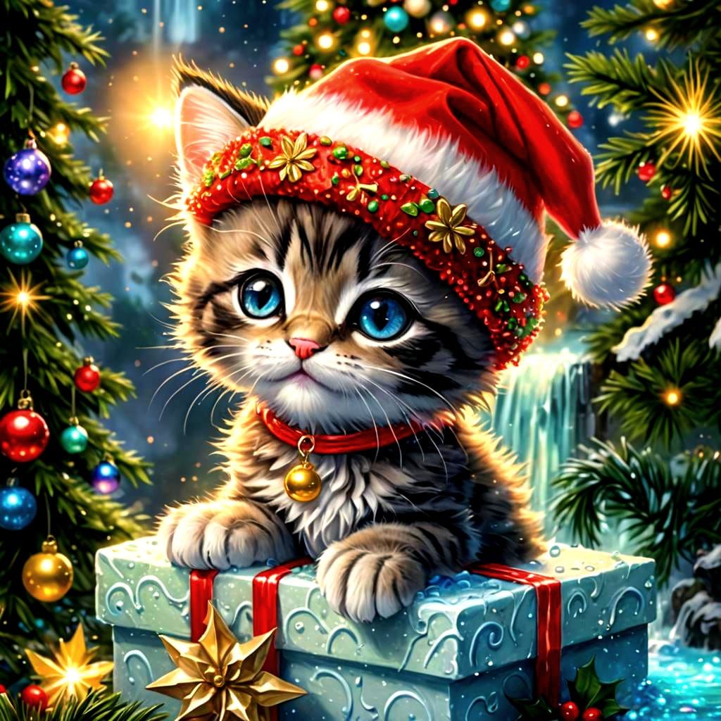 Chibi Kitten with Santa Hat Near Christmas Tree