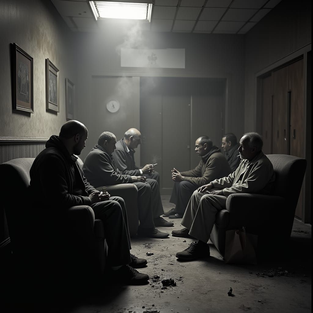 Weary Souls Gather in a Gritty Hotel Lobby