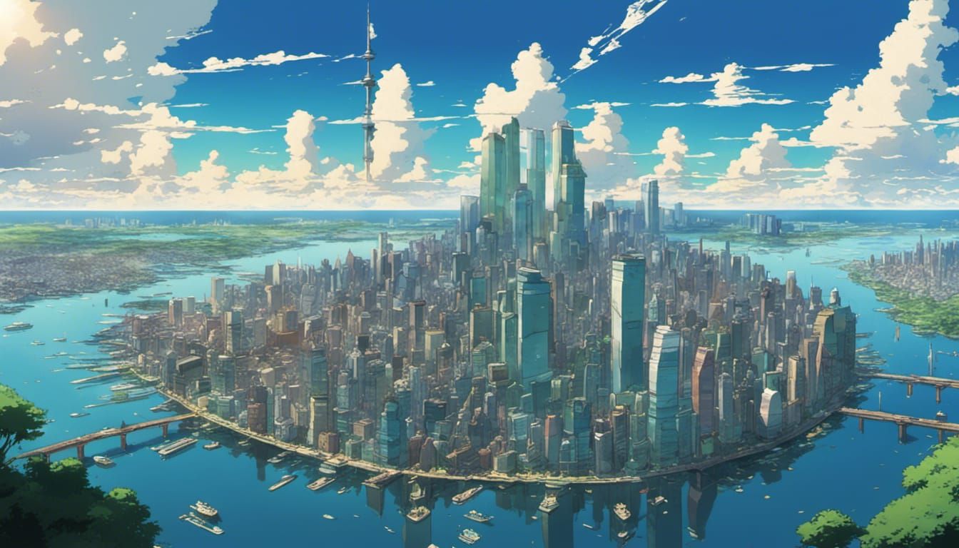 Overpopulated City with Lake: Studio Ghibli Anime Style