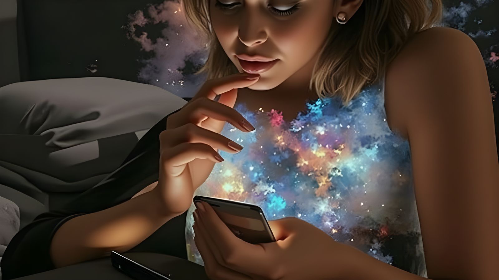 Moody Hyperrealistic Portrait of Woman Texting Boyfriend Aft...