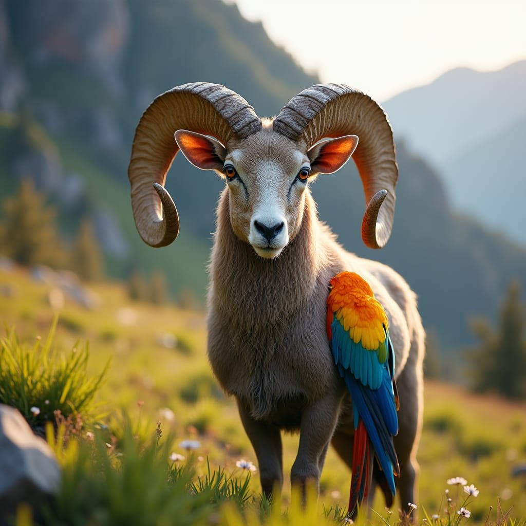 Bighorn-Parrot Hybrid in Mountain Meadow