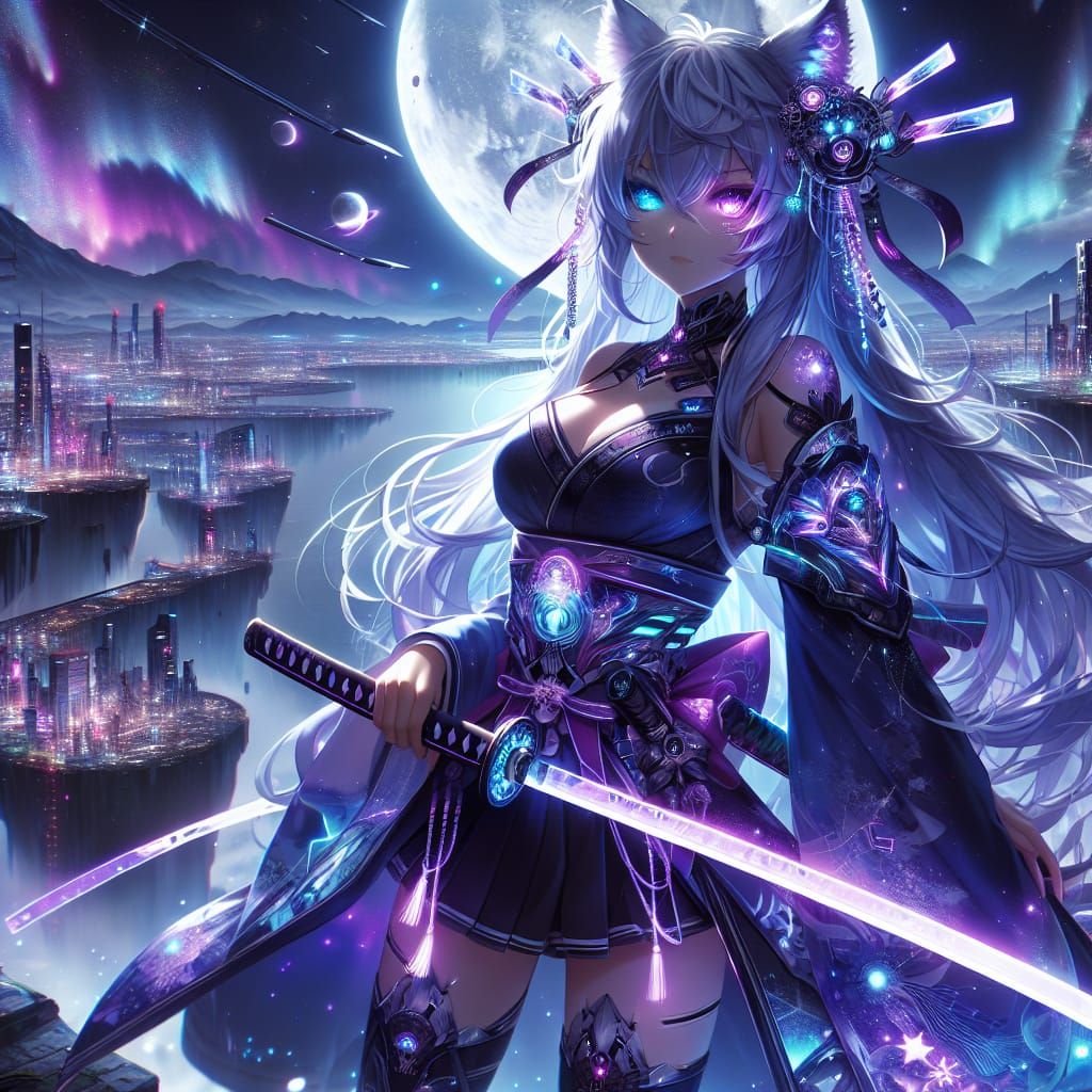 A stunning anime girl with long, flowing silver hair that sp...