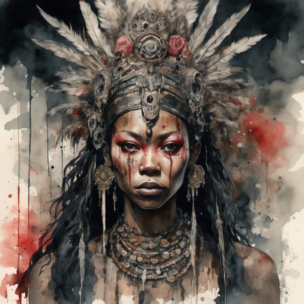 Watercolor Warrior Queen Camazotz in Steampunk Style