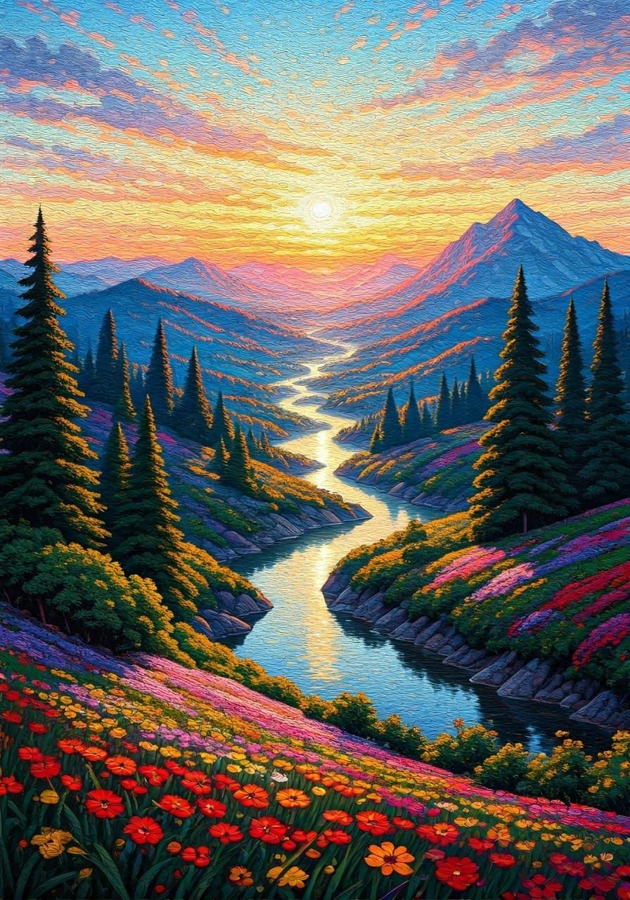 Vibrant Sunrise Landscape in Pointillist Style