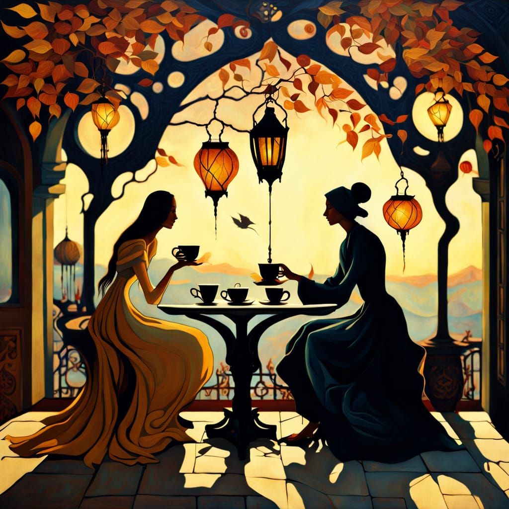 Dreamlike Cafe Meeting in Ernst and Carrington Style