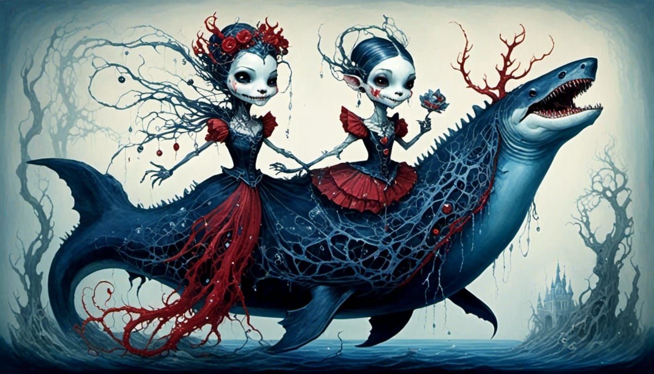 Adorable Anthropomorphic Megalodon Princess in Indigo-Crimso...