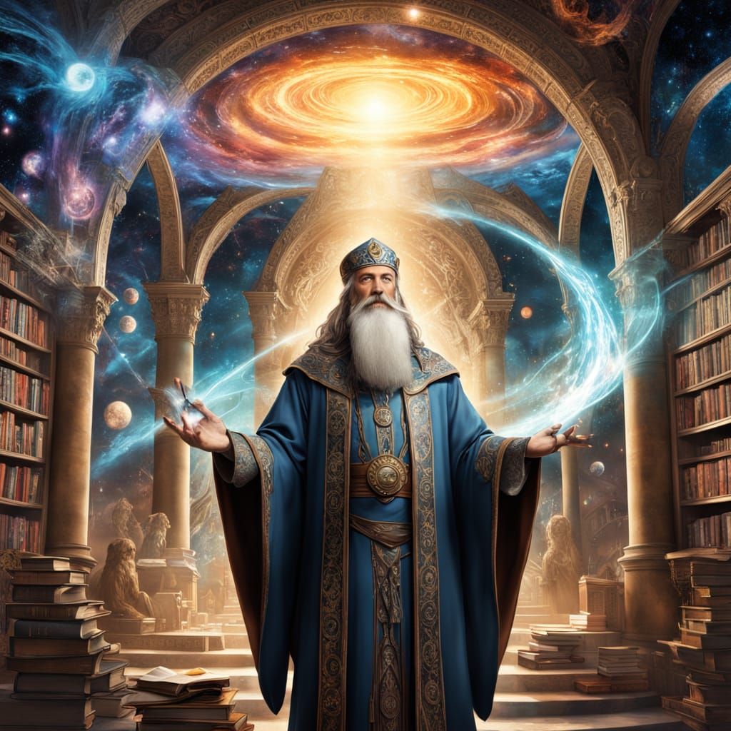 Wise Wizard in Celestial Library, Hyperrealistic Art