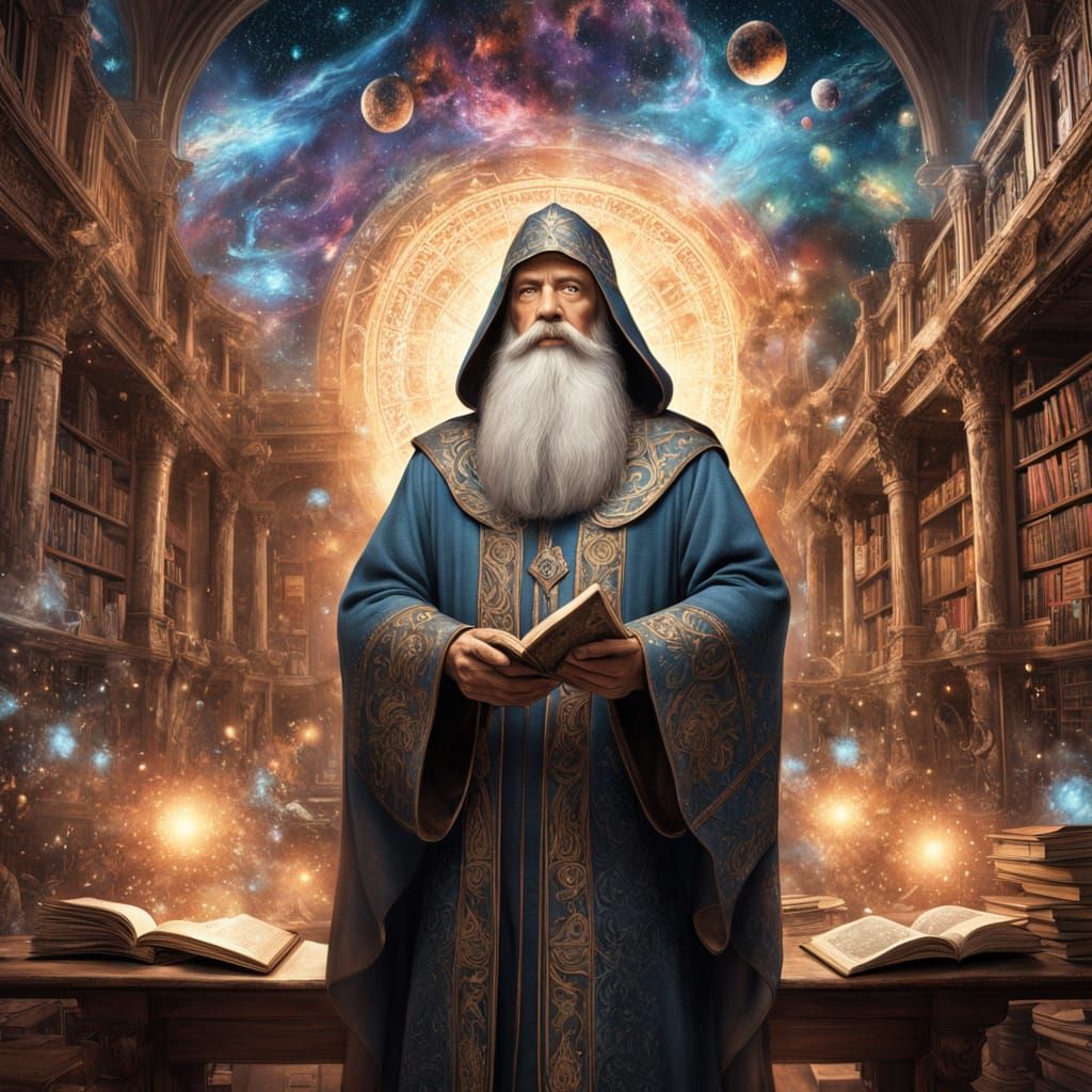 Celestial Wizard in Library, Hyperrealistic Digital Art