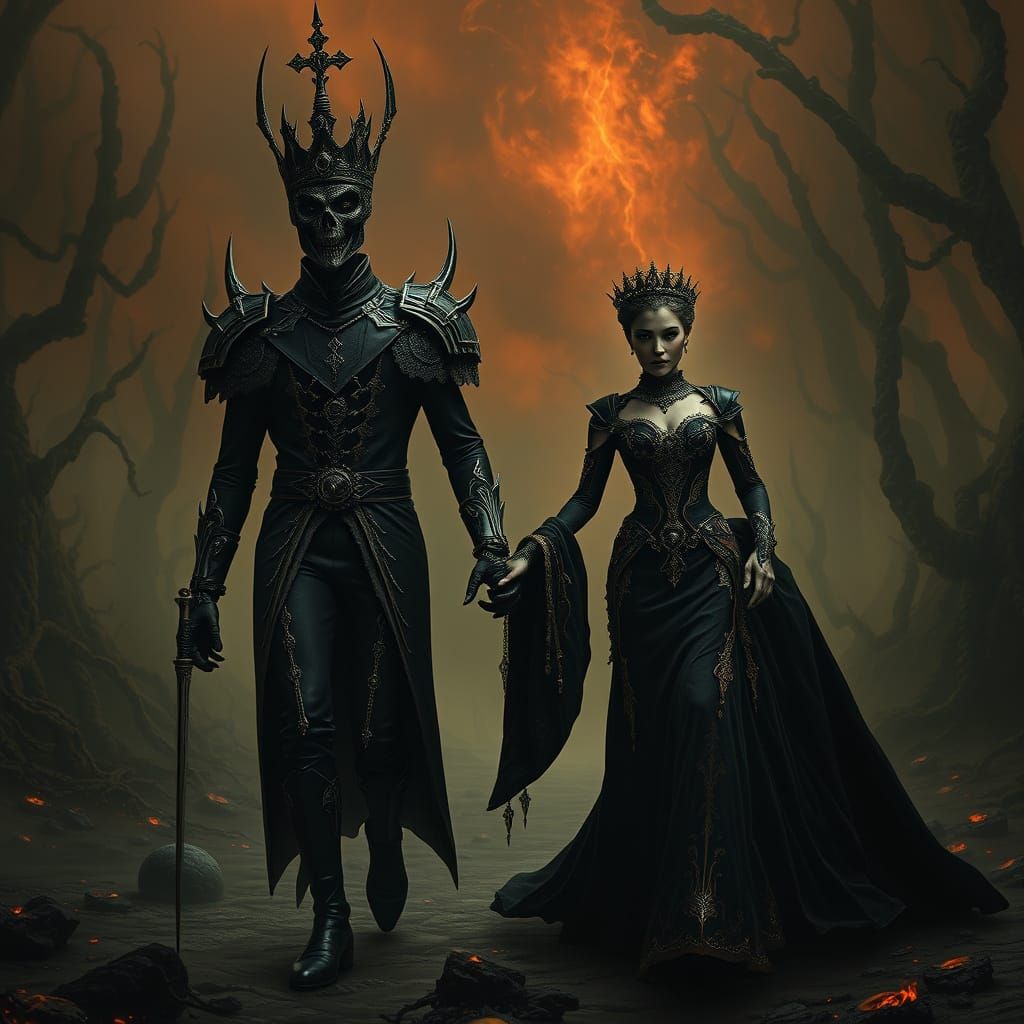 King and Queen of Darkness in Hellish Landscape