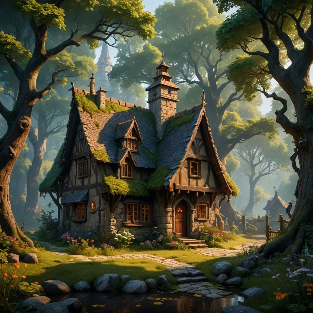 Magical Cottage in Medieval Woods: Detailed Matte Painting