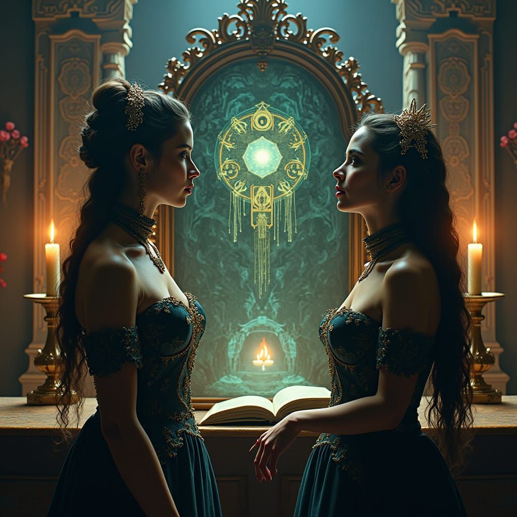 Souls Reflected: Ethereal Glow in Mystical Chamber