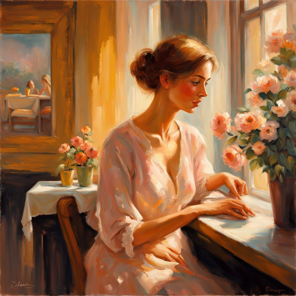 Impressionistic Portrait of Woman in Sunlit Cafe