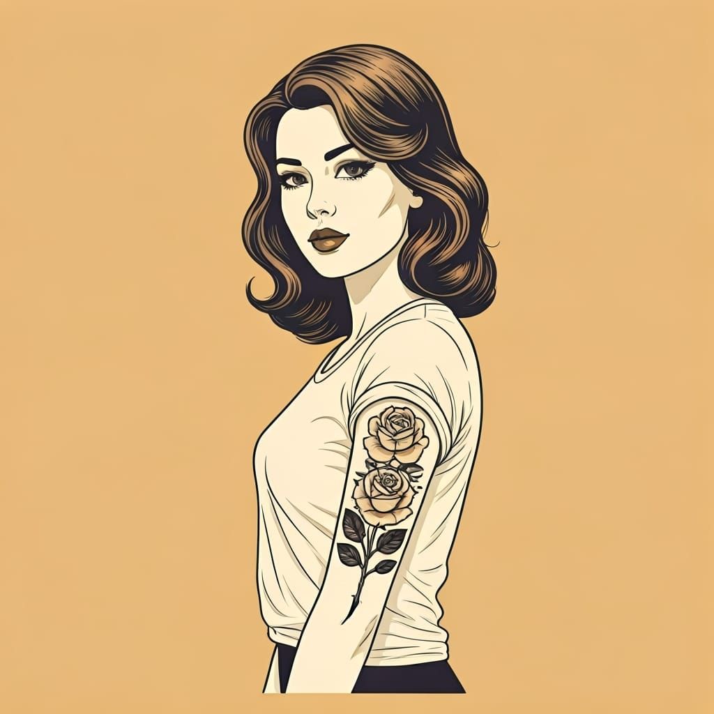 Retro Ink Drawing of Woman with Rose Tattoo