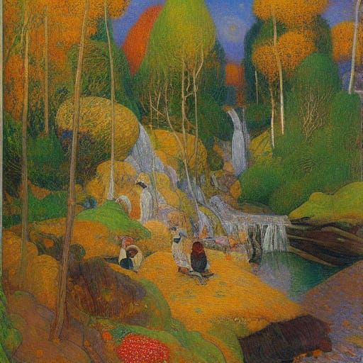 Autumn Waterfall Scene in Bilibin and Ensor Style