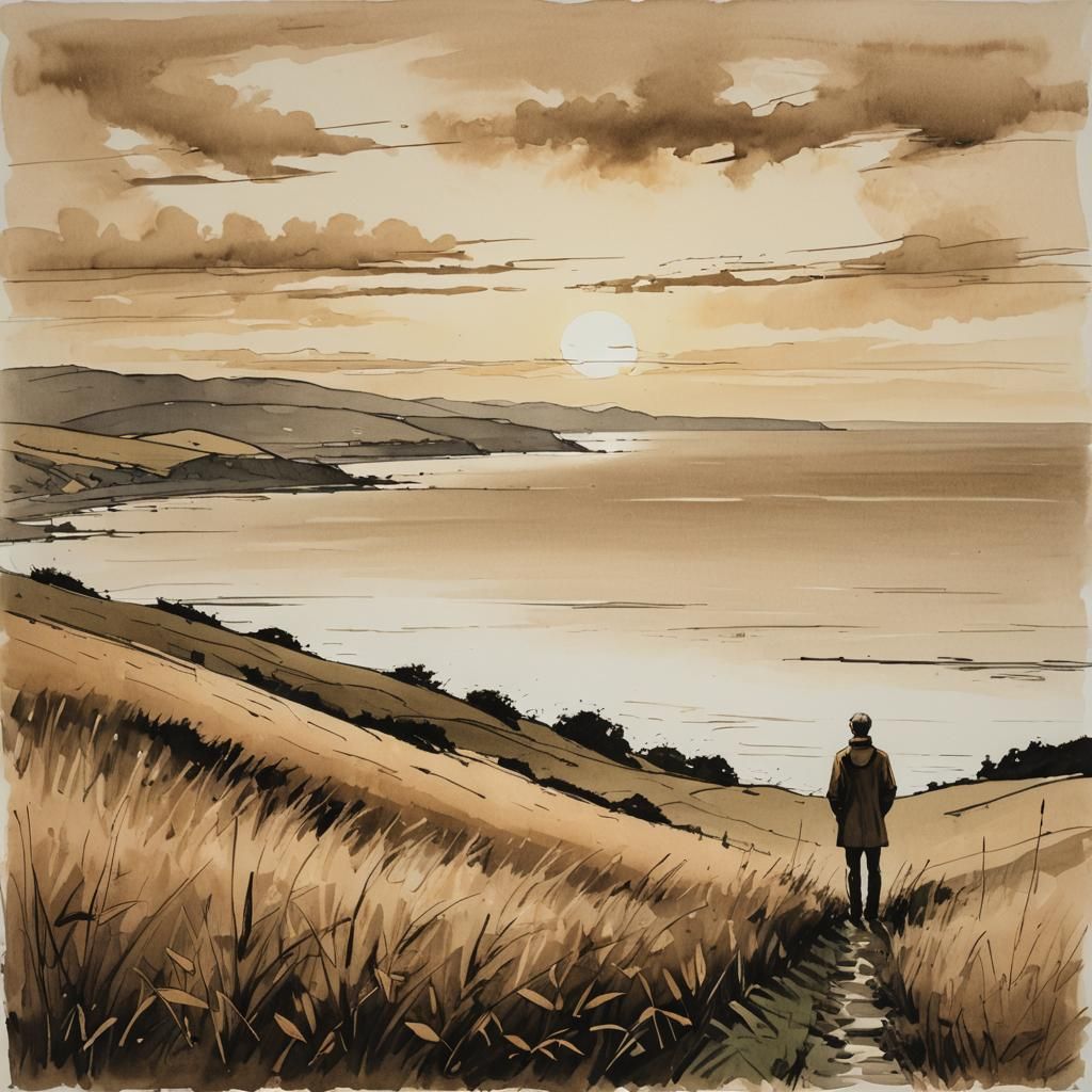 Ink Painting: Man Overlooking Calm Sea at Sunset