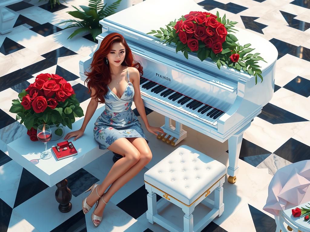 a serene young and divinely beautiful woman resting at a white piano, top view, in a short summer dress and high heels, ...