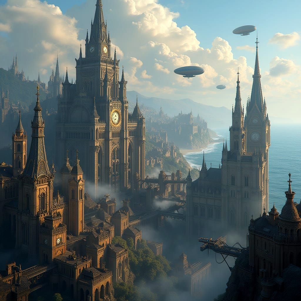 Ethereal Steampunk Metropolis with Majestic Ocean and Airshi...