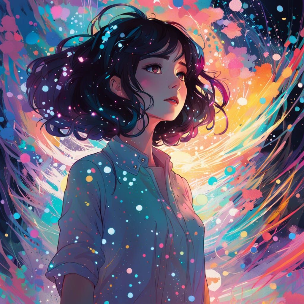 Girl Surrounded by Pastel Particles: Digital Anime Portrait