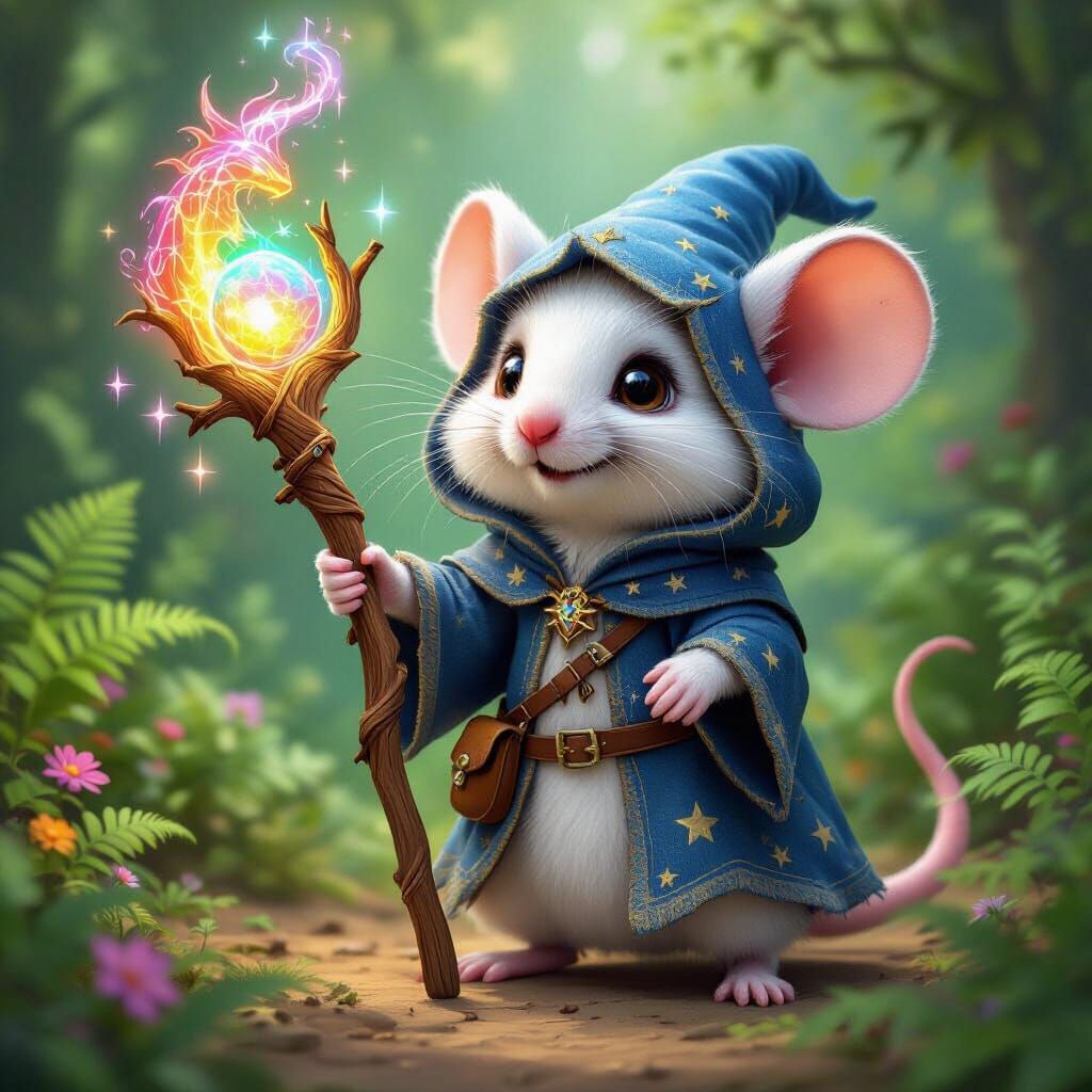 Mouse Wizard Conjures Rainbow Dragon Spell in Lush Forest