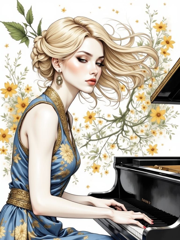 Blond Woman Plays Piano in Final Fantasy Style