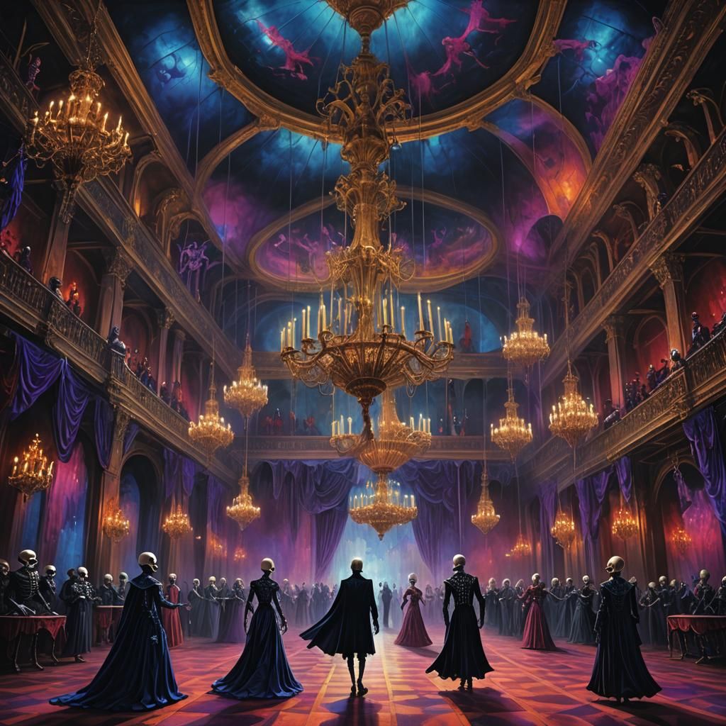 Skeletons and Vampires Dancing in Dark Fantasy Ballroom