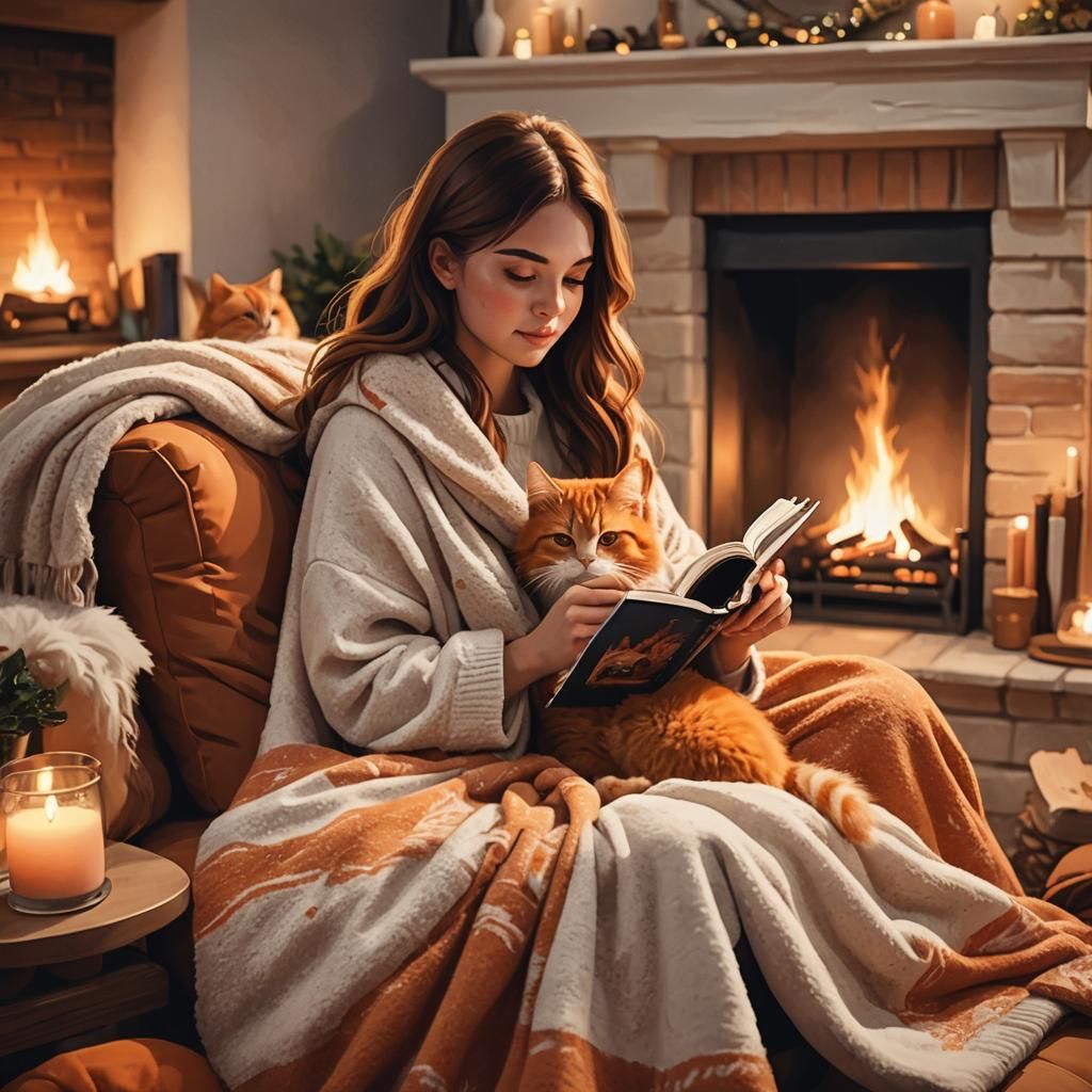 Cozy Girl Reading with Cat: Watercolor Illustration