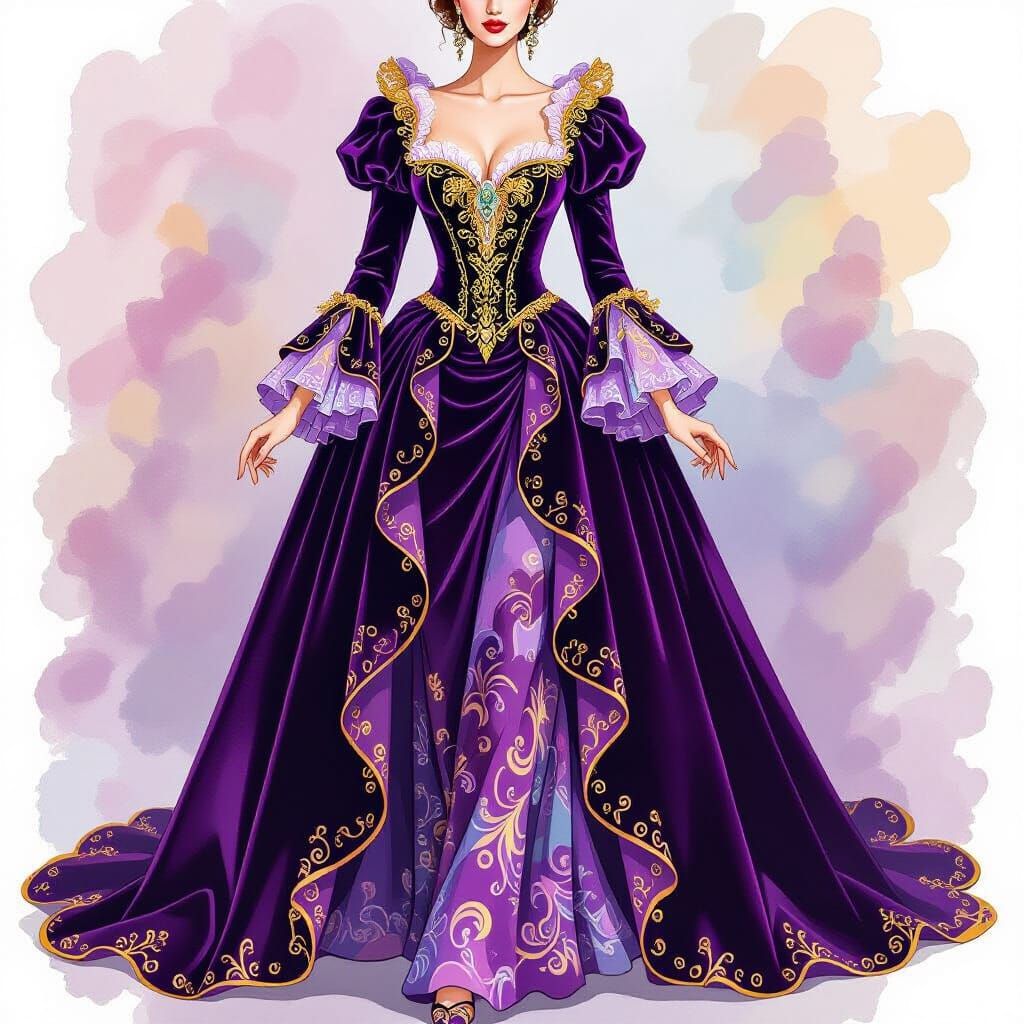 Opulent Deep Purple Velvet Gown with Neon Baroque Accents