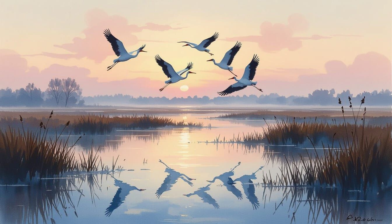 Cranes Ascend Over Misty Marsh in Wash Style