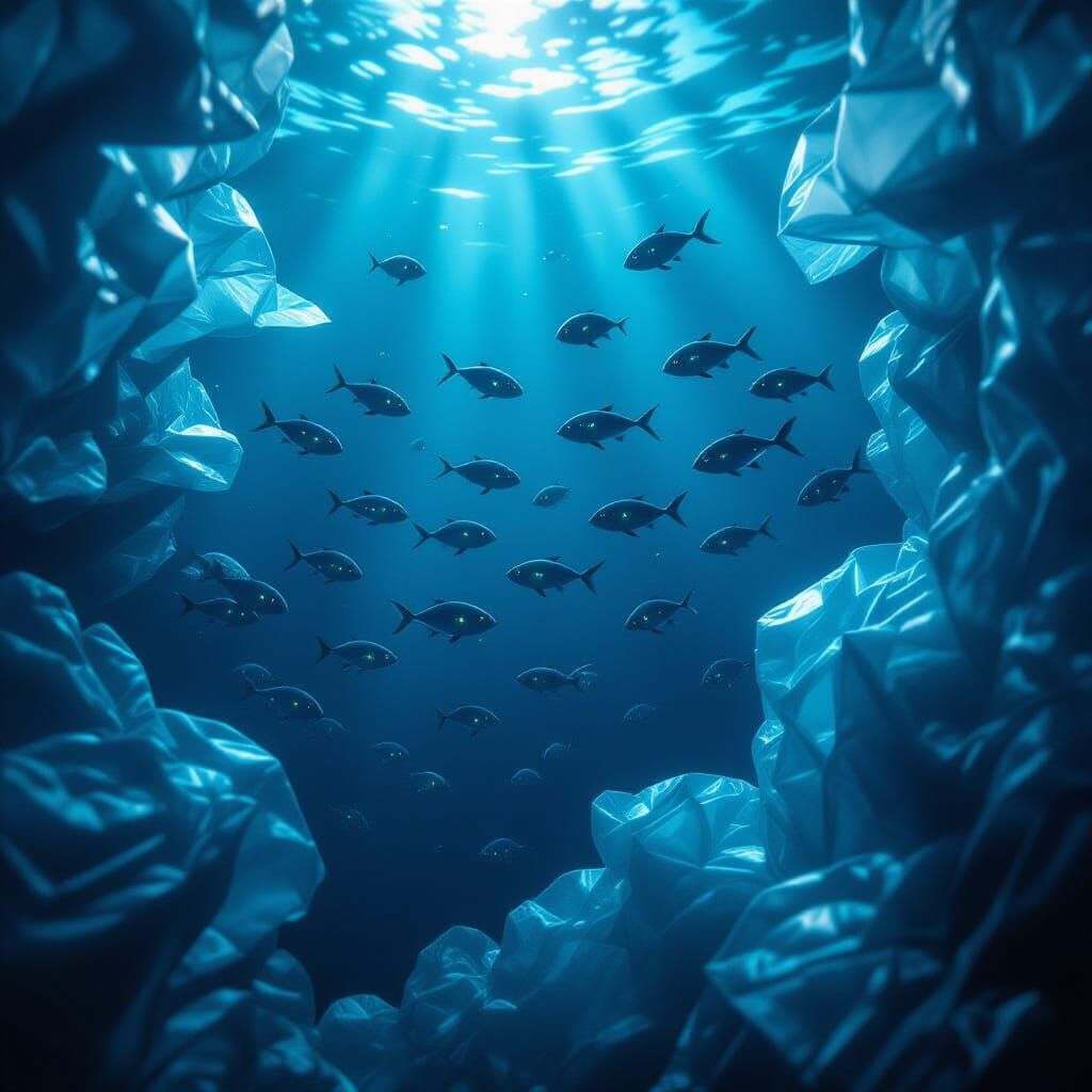 Bioluminescent Fish Amidst Plastic Pollution Underwater