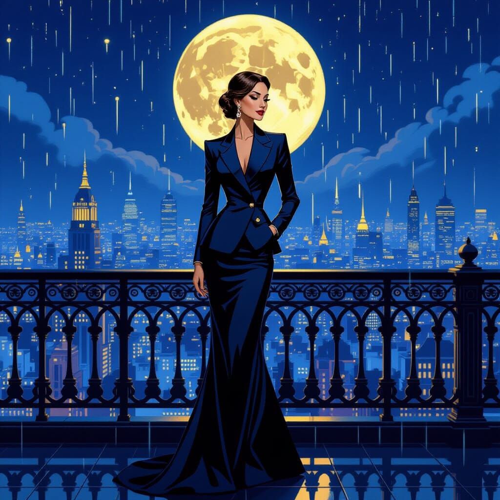 Woman in Business Suit Overlooking City at Night
